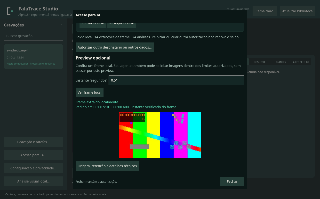 Diálogo “Acesso para IA” do Studio com saldo local de extrações e análises e o preview de um frame sintético de barras coloridas.