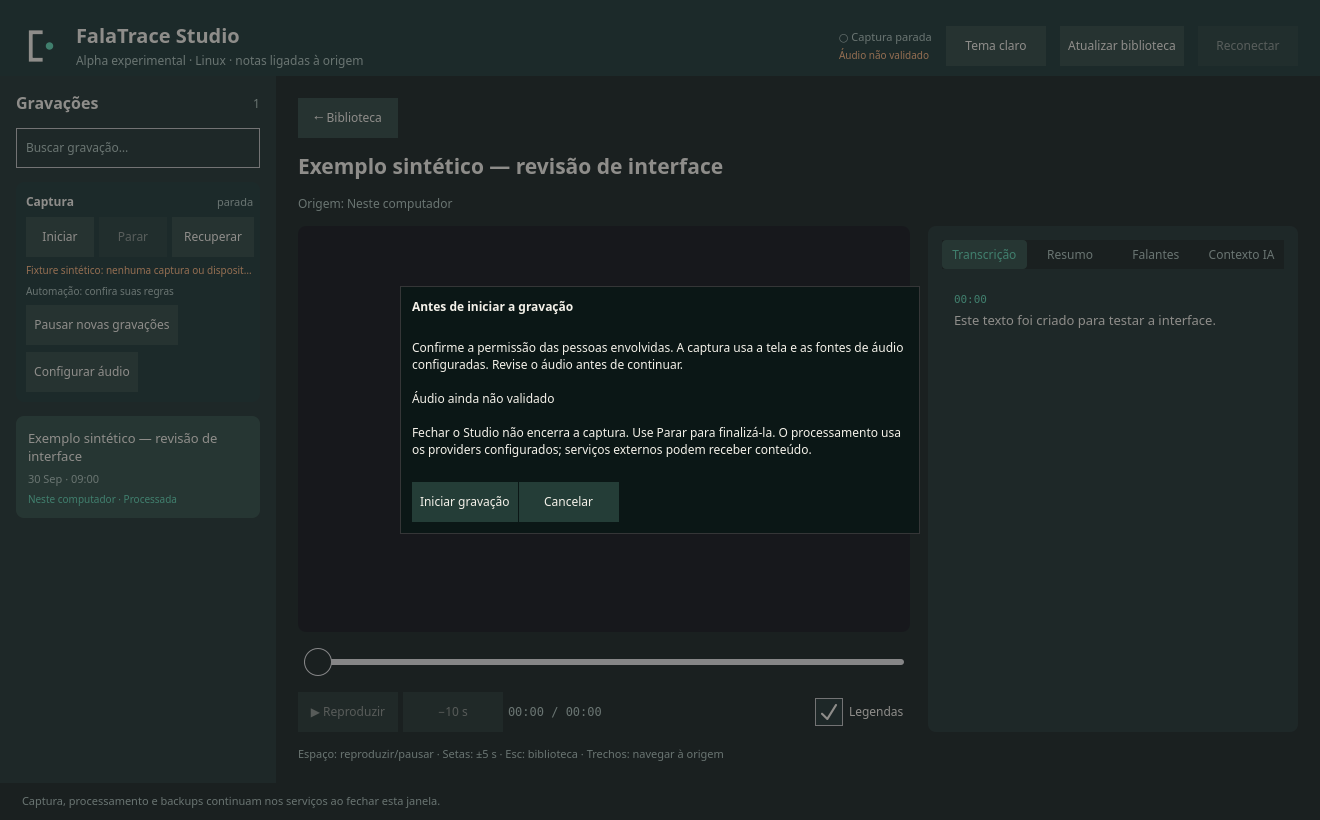 Studio no tema escuro com o diálogo “Antes de iniciar a gravação”, que pede a confirmação da permissão das pessoas envolvidas.