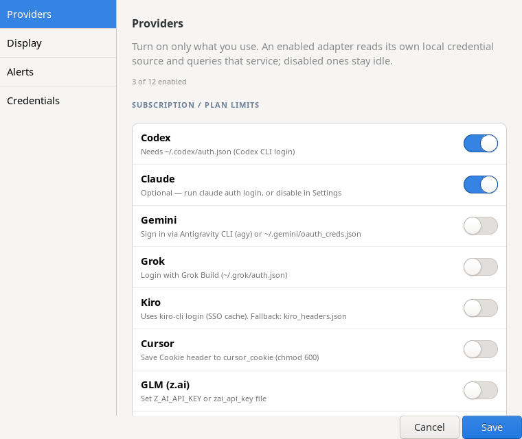 Página Providers das configurações no tema claro, com um interruptor por provedor.