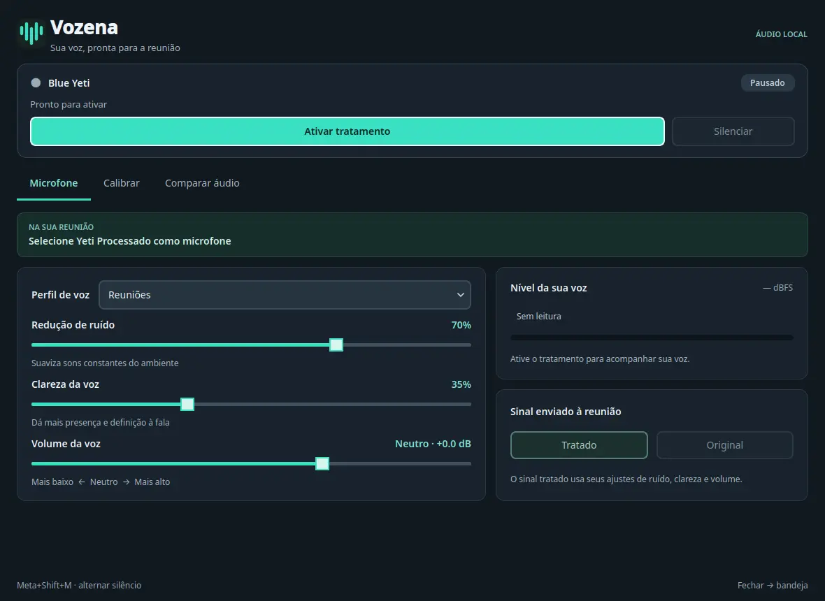 Vozena native desktop interface in Portuguese, showing Blue Yeti audio controls, noise suppression, equalizer, volume, and a paused meter with demonstration values.